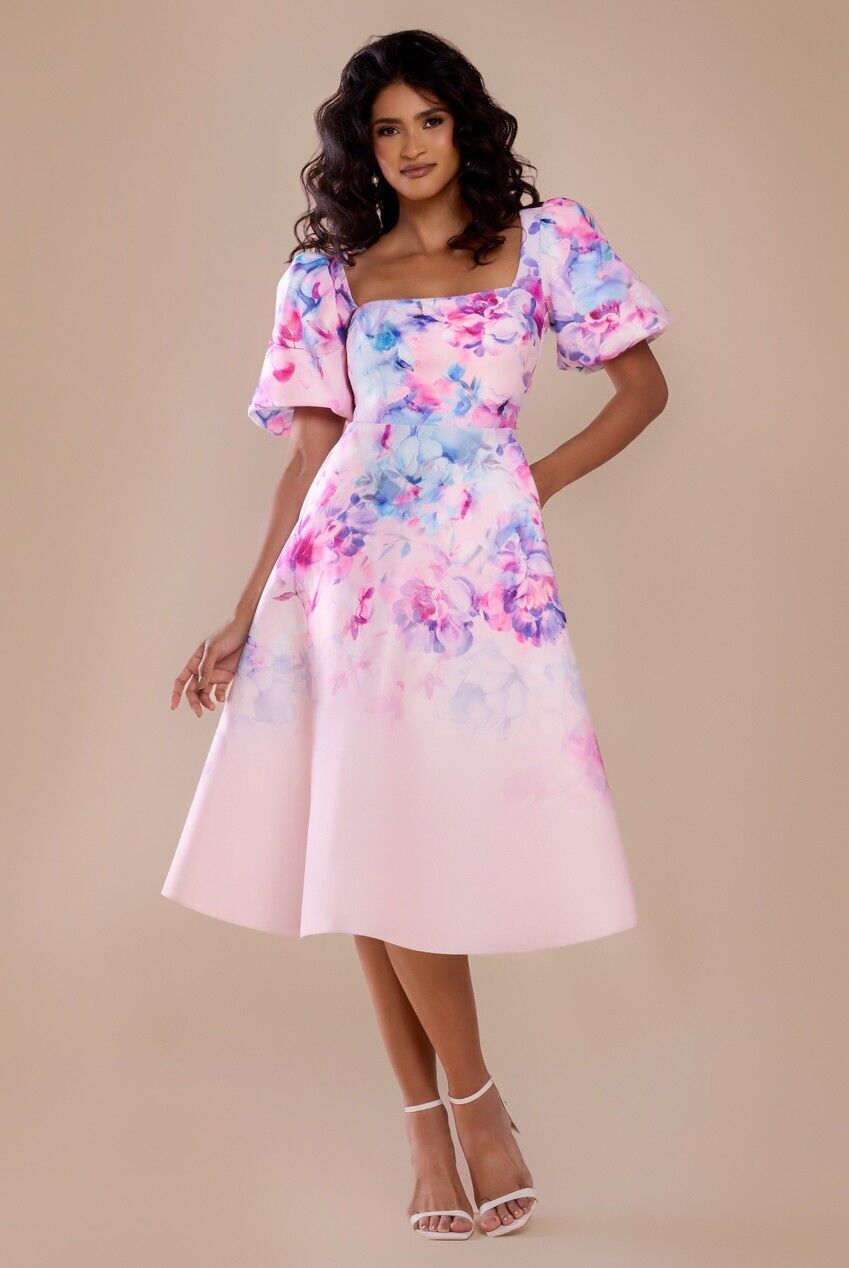 Goddiva – Bedrucktes Scuba-Midikleid mit quadratischem Ausschnitt und Puffärmeln, DR4650