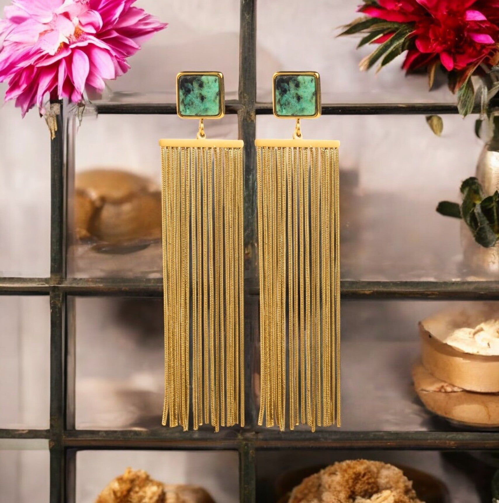 Boucles d'oreilles "DUCHESSE" en acier inoxydable doré Turquoise africaine