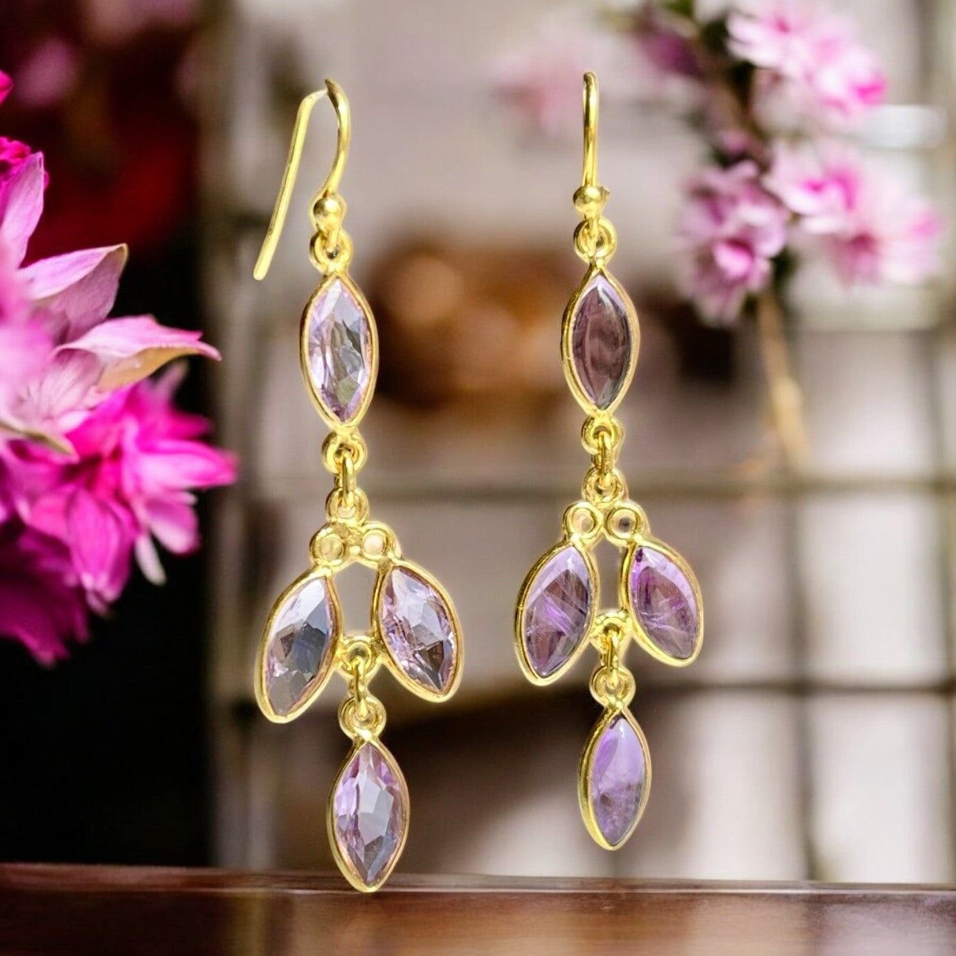 Orecchini "FIDJI", pietra naturale, ametista, argento, placcato oro