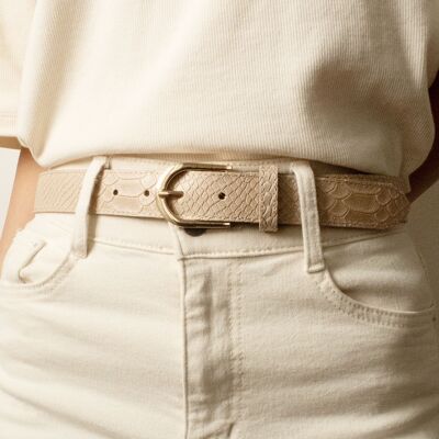 Cinturón de piel con estampado de lagarto para mujer. Fabricado en Italia IT30-30-LZ ECRU