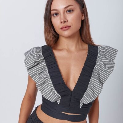 Crop top bohème en lin noir à volants