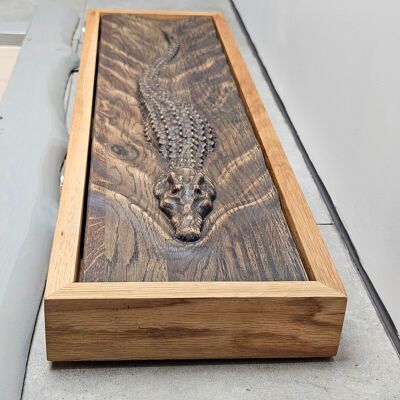 Scultura da parete in legno 3D a forma di coccodrillo, fatta a mano, decorazione da parete rustica a forma di animale, regalo unico in legno intagliato.