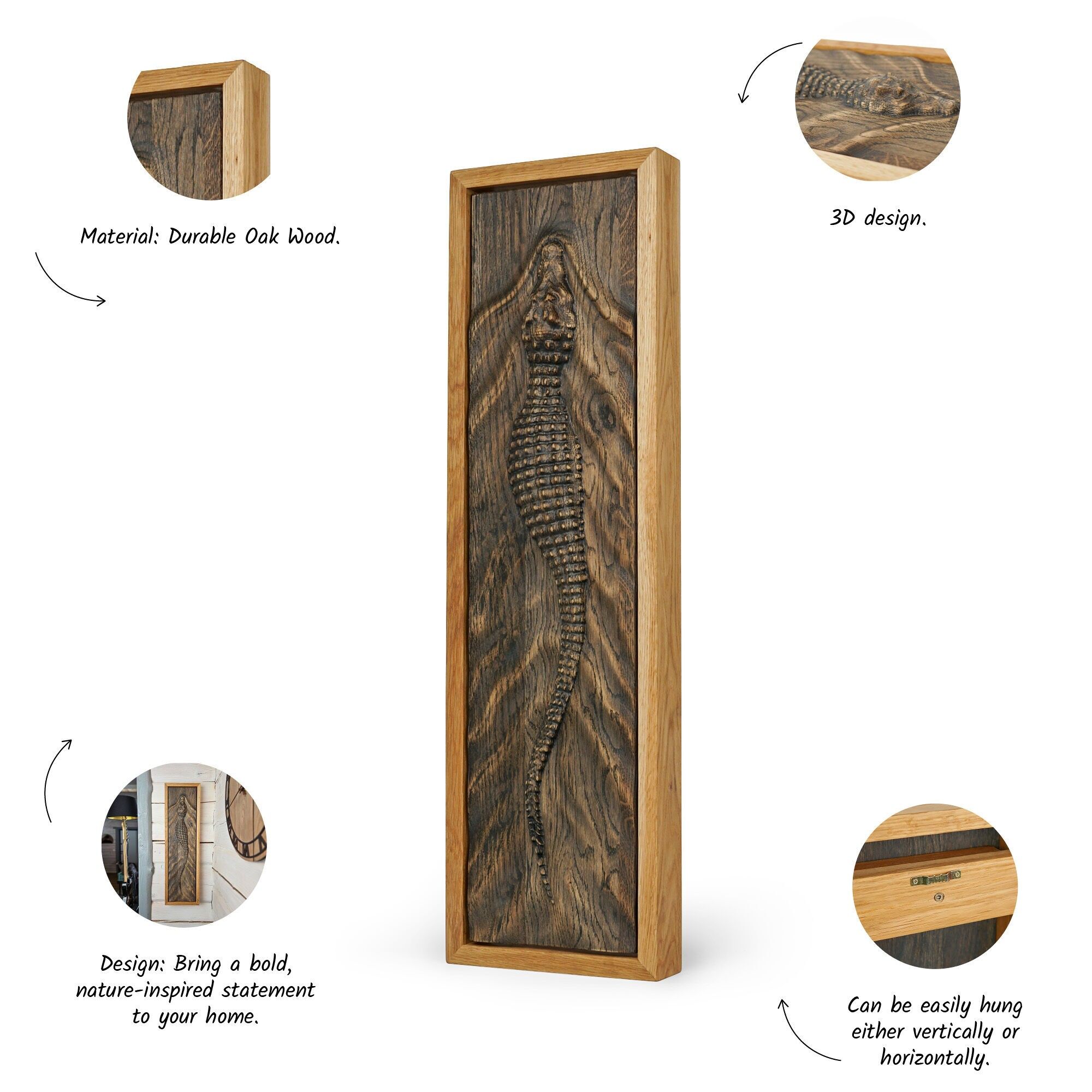 Handmade 3D Wooden Crocodile Wall Sculpture, Rustic Animal Wall Decor, Unique Carved Wood Art Gift