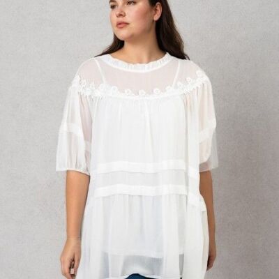 Top + blouse avec broderies grande taille (C6563-BLANC)