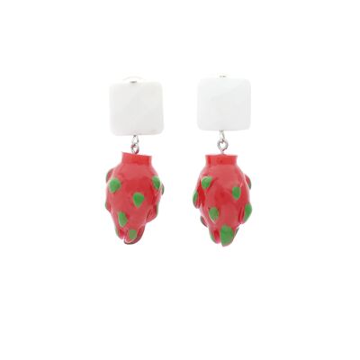 Strawberry Clip-On Earrings Red & Green With White Jade
