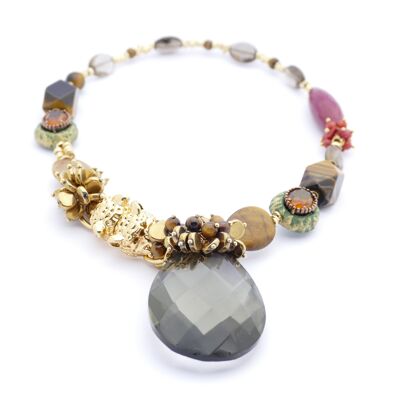 Collar opulento de cadena León con cristal grande, en color cuarzo ahumado