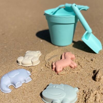 Jouets de sable et plage en silicone (1 seau, 1 pelle et 4 accessoires de plage + sac de transport) - Menthe