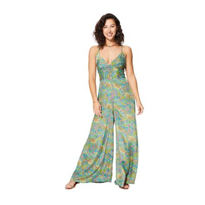 COMBINAISON PANTALON BOHÈME SEXY DOS NU BRETELLES CROISÉES VERT COLIP0136C