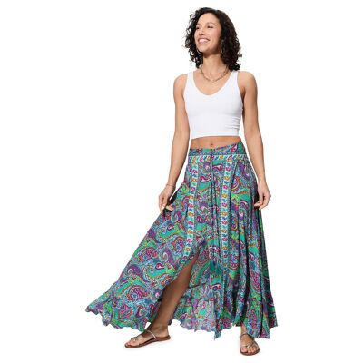 FALDA LARGA VERANO BOHEMIA CON ABERTURA FLUIDA Y LIGERA VERDE Y MORADA JIP0054K