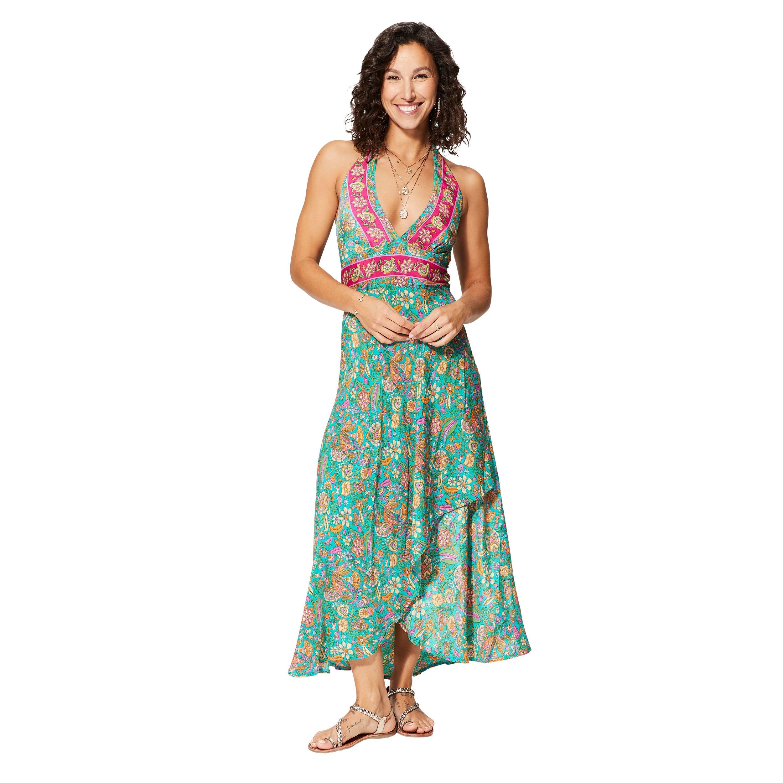 LANGES SOMMERKLEID MIT OFFENEM RÜCKEN, WICKEL, GRÜN UND ROSA, BLUMEN MAXIPA0645E