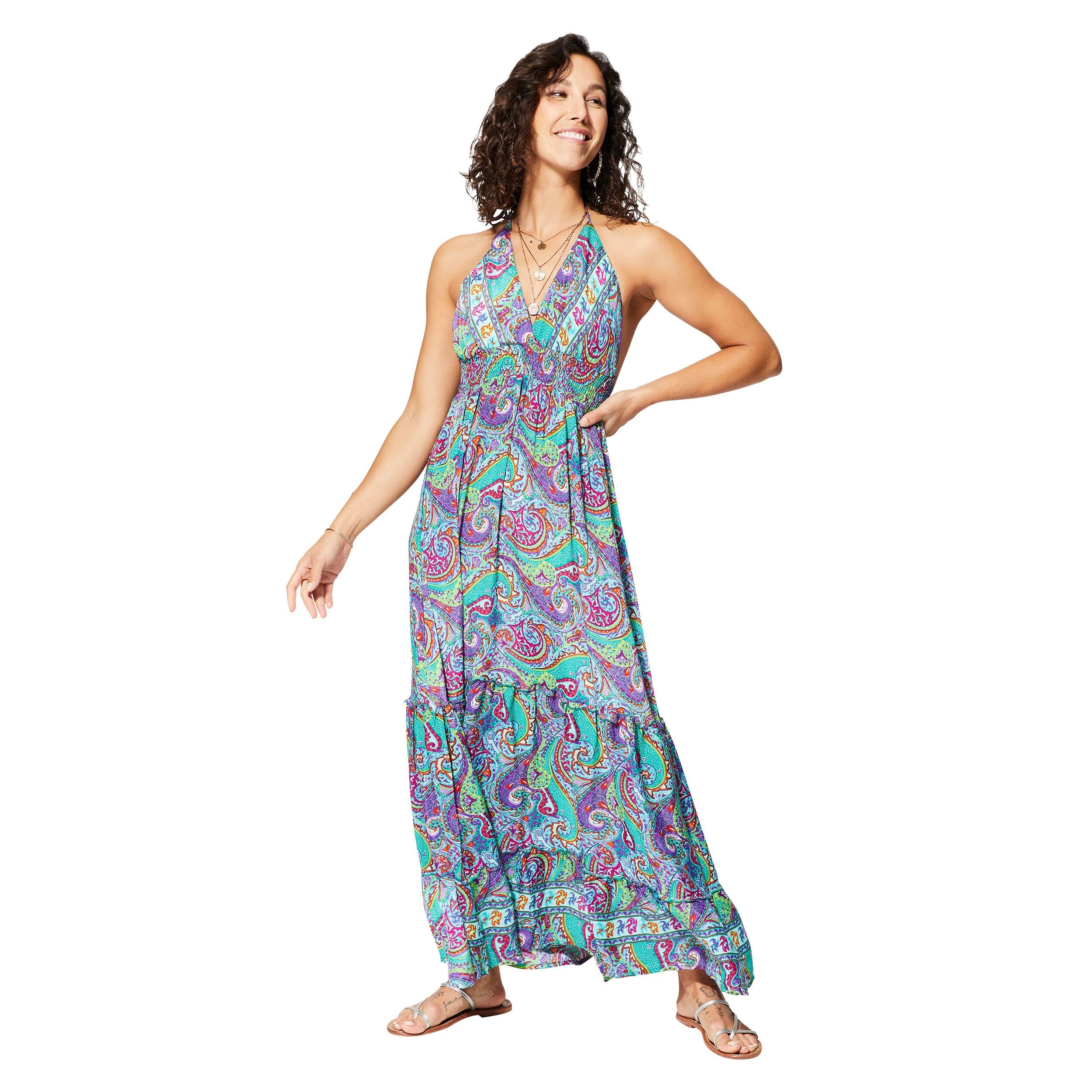 LANGES SOMMERKLEID MIT OFFENEM RÜCKEN LILA UND GRÜN MAXIPA0649E