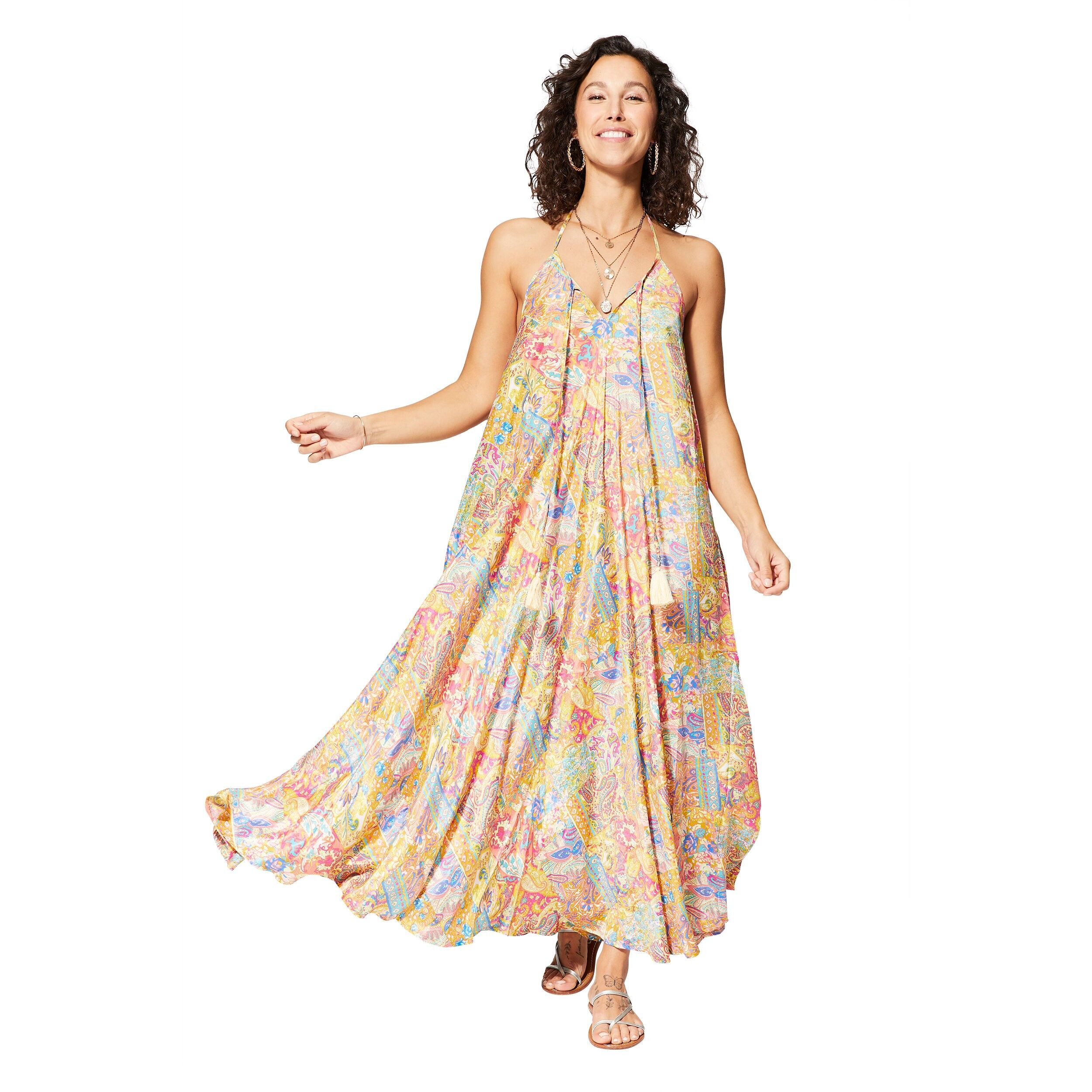 LANGES SOMMERKLEID MIT OFFENEM RÜCKEN GELB ROSA MAXIPA0648D