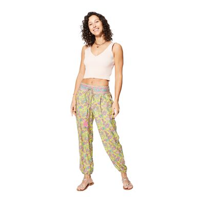 Pantalones de verano de corte relajado para mujer, color verde lima y rosa, PIP4002I