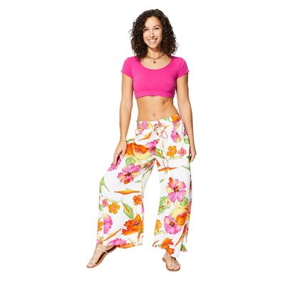 Pantaloni ampi e svasati estivi da donna, morbidi e leggeri, bianchi con grandi fiori rosa e arancioni PIP4006D