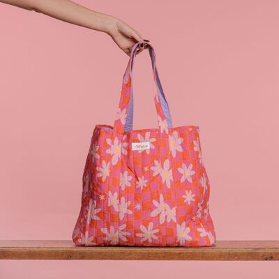 Borsa tote trapuntata a scacchiera floreale