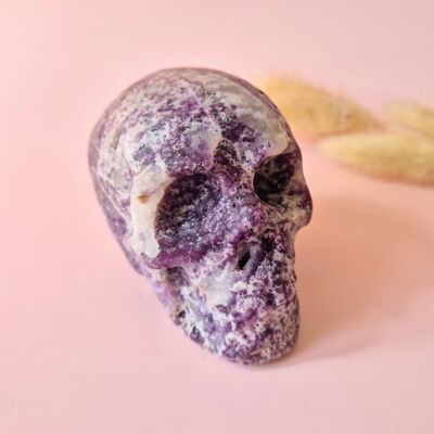 Calavera de lepidolita talla XL (n.° 5, 384 gramos) - Mate y potente