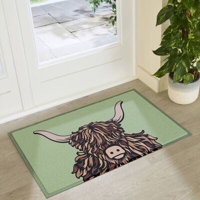 Green Highland Cow Indoor Outdoor Doormat (90 x 60cm)