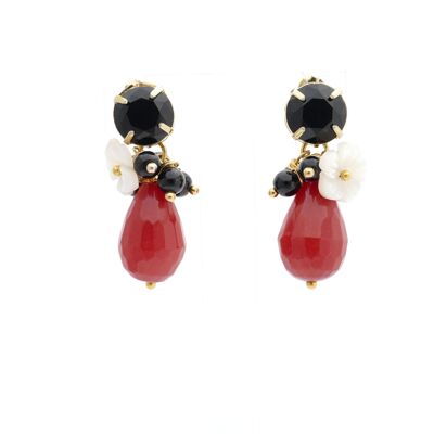Pendientes de cornalina en oro con piedra de ónix y flor de nácar