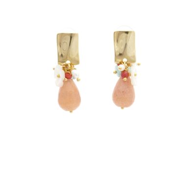 Pierre de jade rose saumon avec corail rouge et fleur de nacre