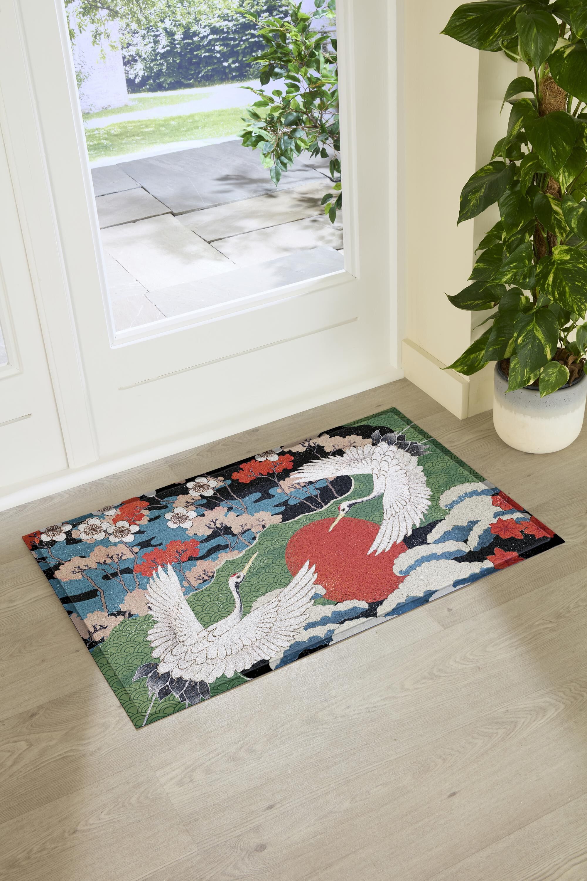 Fußmatte mit japanischem Vogelmotiv für drinnen und draußen (90 x 60 cm)