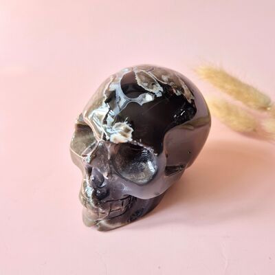 Cráneo de ágata volcánica reactiva a los rayos UV con piedra preciosa drusa XL (n.° 4, 422 gramos)