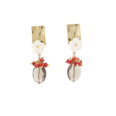 Boucles d'oreilles en quartz fumé plaqué or avec corail rouge