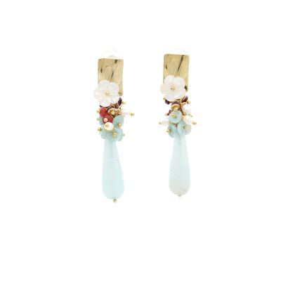 Boucles d'oreilles turquoise avec fleur de nacre et corail rouge