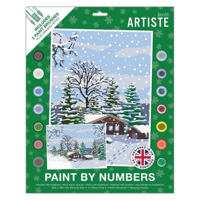 Pintura por números grande Artiste, Casa de invierno, Festivo, Manualidad navideña, Tablero de 395 x 295 mm, Pintura acrílica de 14 colores, Juego de pinceles de 3 tamaños, Manualidad para adultos, Manualidad para aficiones, Diseño con código numérico, Arte personalizado