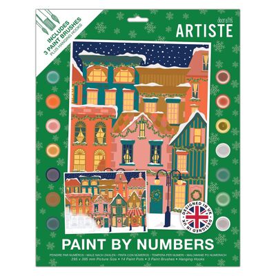 Peinture par numéros Artiste, Rue de Noël, Festif, Bricolage de Noël, Planche 395 x 295 mm, 14 couleurs acryliques, 3 tailles de pinceaux, Bricolage pour adultes, Loisirs créatifs, Motif à code numérique, Art personnalisé