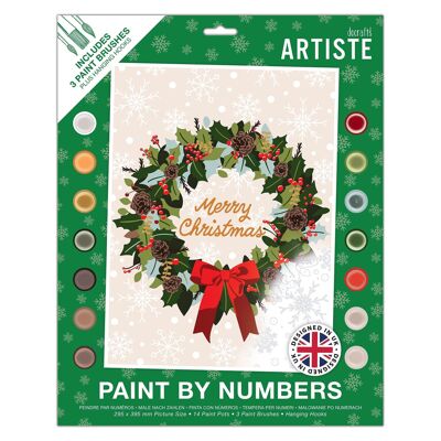 Peinture par numéros Artiste, Couronne de Noël, Festive, Bricolage de Noël, Planche 395 x 295 mm, 14 couleurs acryliques, 3 tailles de pinceaux, Bricolage pour adultes, Loisirs créatifs, Design codé par numéros, Art personnalisé