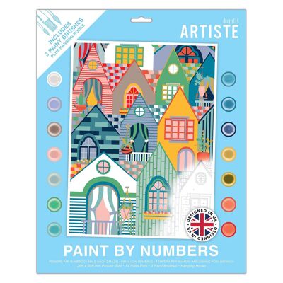 Peinture par numéros Artiste, Maisons de ville, Loisirs créatifs d'été, 395 x 295 mm, 14 couleurs acryliques, 3 tailles de pinceaux, Loisirs créatifs pour adultes, Loisirs créatifs, Motifs codés, Art personnalisé