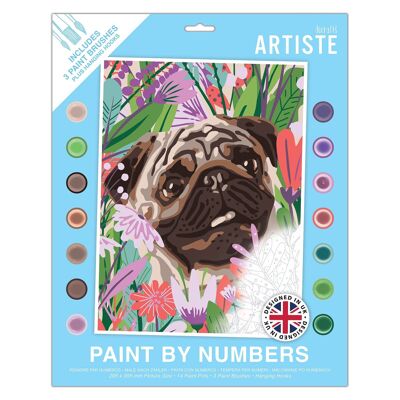 Peinture par numéros Artiste, Carlin floral, Peinture animalière, Tableau 395 x 295 mm, 14 couleurs acryliques, 3 tailles de pinceaux, Loisirs créatifs pour adultes, Motif à code numérique, Art personnalisé