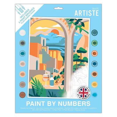Peinture par numéros Artiste, Coucher de soleil sur la mer Égée, Peinture d'été, Tableau 395 x 295 mm, 14 couleurs acryliques, 3 tailles de pinceaux, Loisirs créatifs pour adultes, Motif à code numérique, Art personnalisé