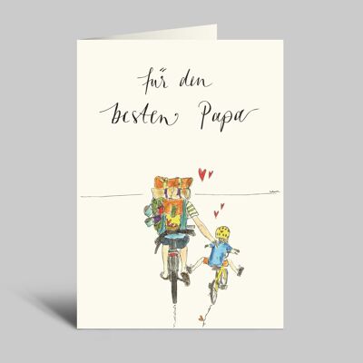 Biglietto per la festa del papà | Il papà aiuta il bambino ad andare in bicicletta | Motivo acquerello | Biglietto pieghevole con busta