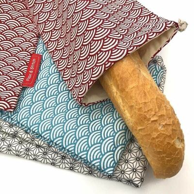 Reusable Baguette Bag, 60 cm x 16 cm, cotton fabric, pattern: Red Waves