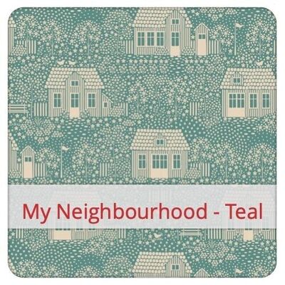 Large reusable bread bag, 45 cm x 35 cm, cotton fabric, pattern: My Neighbourhood - Teal