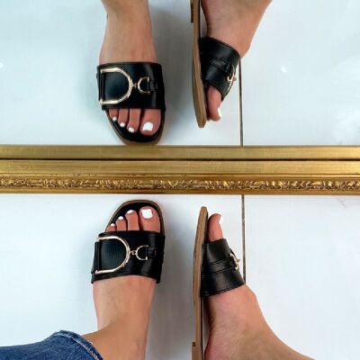 Sandales à brides et boucle en PU noir (LOT DE 12 PAIRES, UK3-UK8)