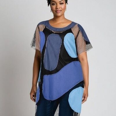 Tunique ajourée empiècement jean (C6553&BLEU)