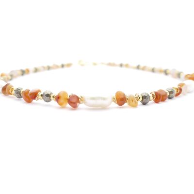 Collar de perlas bañado en oro con ágata naranja y hematita