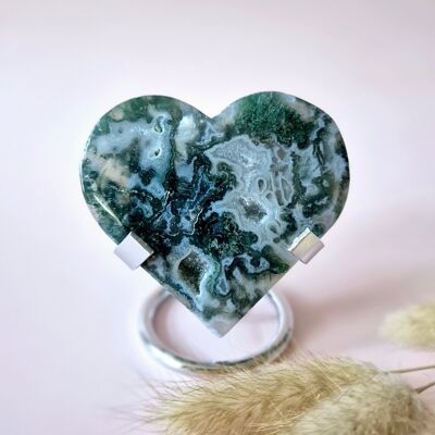 Piedra preciosa: Ágata musgosa drusa en forma de corazón sobre soporte de metal – n.° 85 (125 gramos)