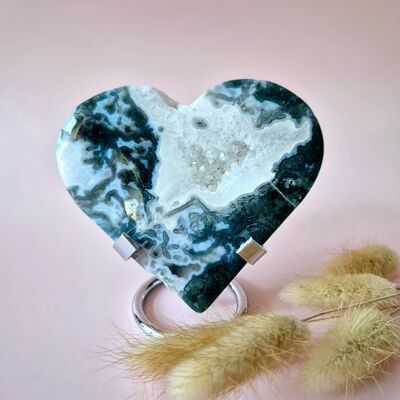 Cœur en agate mousse druzy sur support métallique – n° 92, 222 grammes