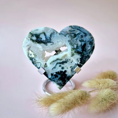 Cœur en agate mousse druzy sur support métallique – n° 91, 186 grammes