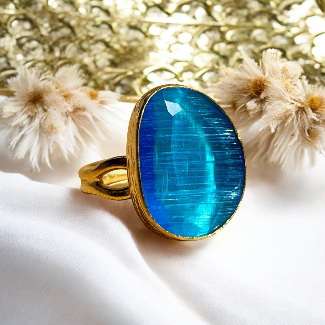 Anello "MUMBAI" pietra naturale agata blu dorata oro fino