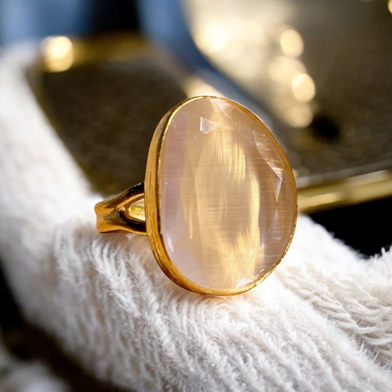 Bague "KARACHI" pierre naturelle agate beige champagne dorée or fin