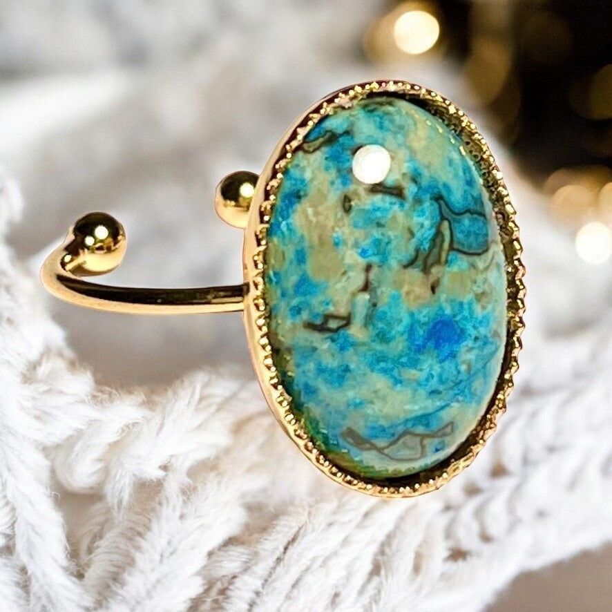 Anello "MY ANCHORAGE" dorato fino in oro fino in pietra Agata Blu