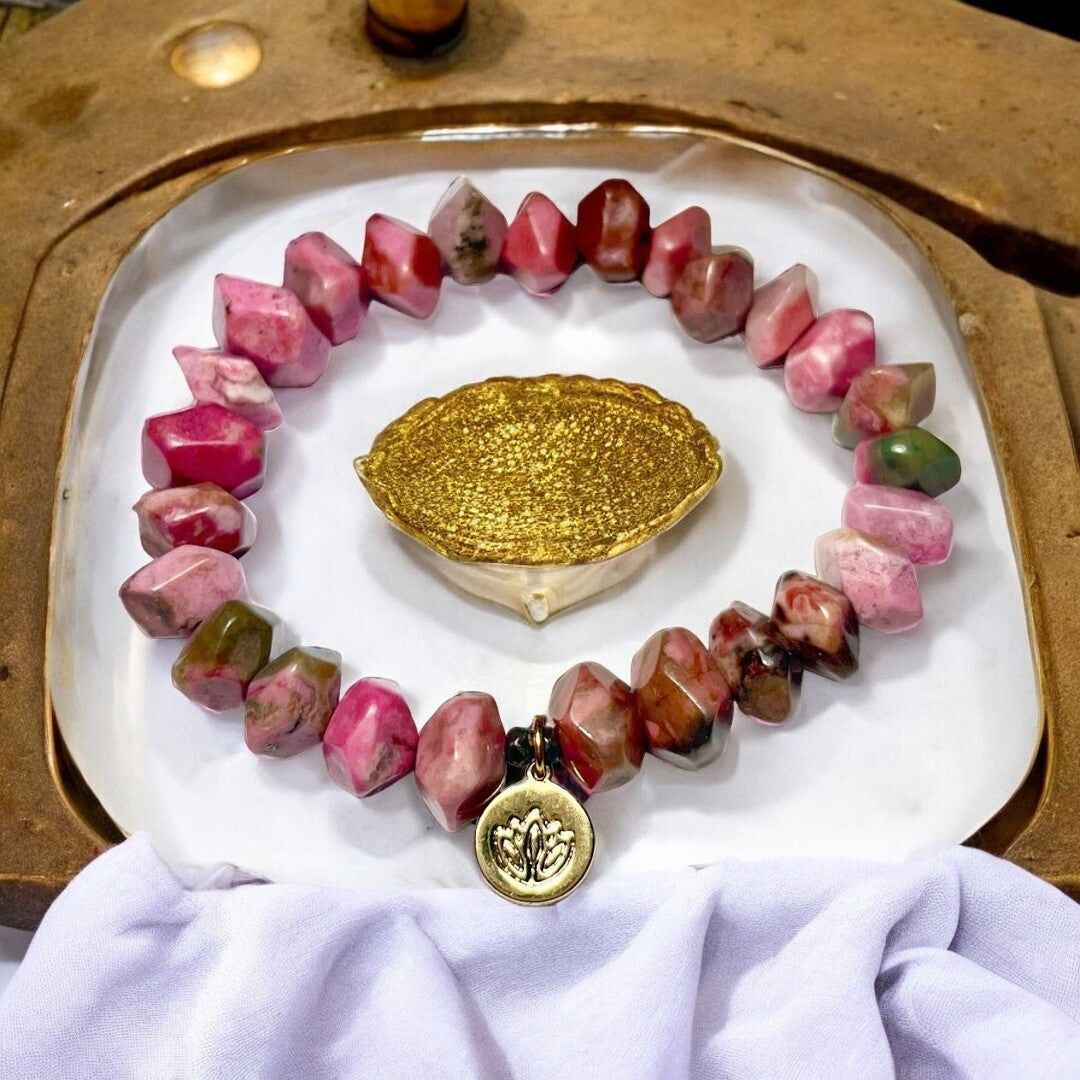 Bracciale "MINORQUE" dorato con oro fino e pietre naturali di Rodonite