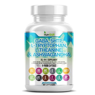 GABA Supporto allo stress e al sonno – 750mg GABA + 5-HTP, L-Triptofano, L-Teanina e Ashwagandha –Kun-Shafi- 60 Capsule
