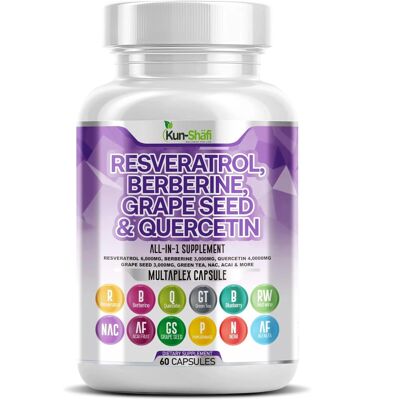 Resveratrolo 6000 mg + Berberina 3000 mg - Semi d'uva, quercetina e tè verde - Antiossidante, supporto per cuore e sistema immunitario - Kun-Shafi - 60 capsule vegane