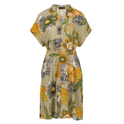 Vestido de lino con estampado floral llamativo y cuello mandarín