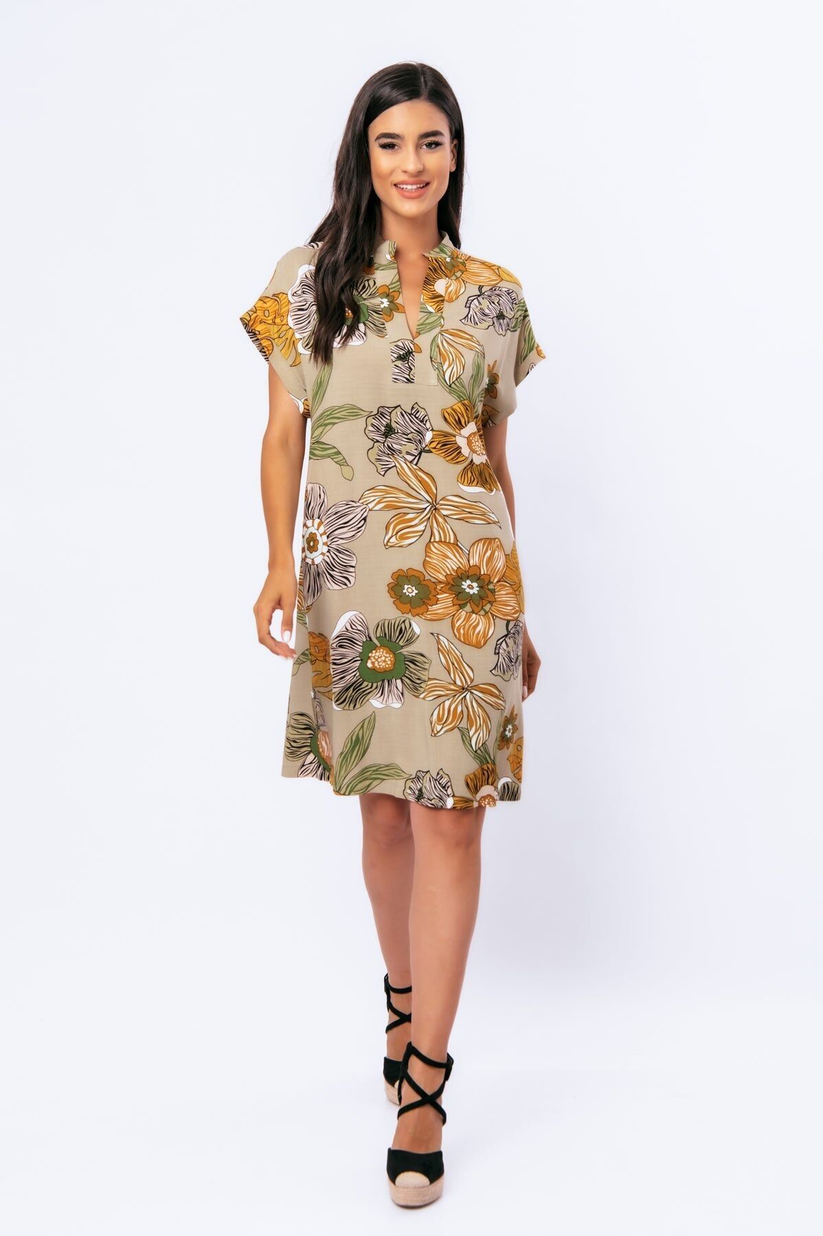 Robe en lin à imprimé floral audacieux et col mandarin